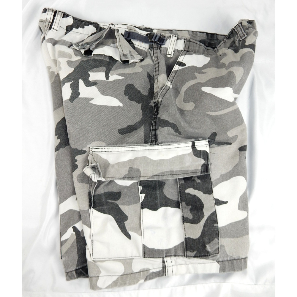 Vintage White Camo Cargo Shorts Mens Large Made in USA 4 Button Fly Side Straps